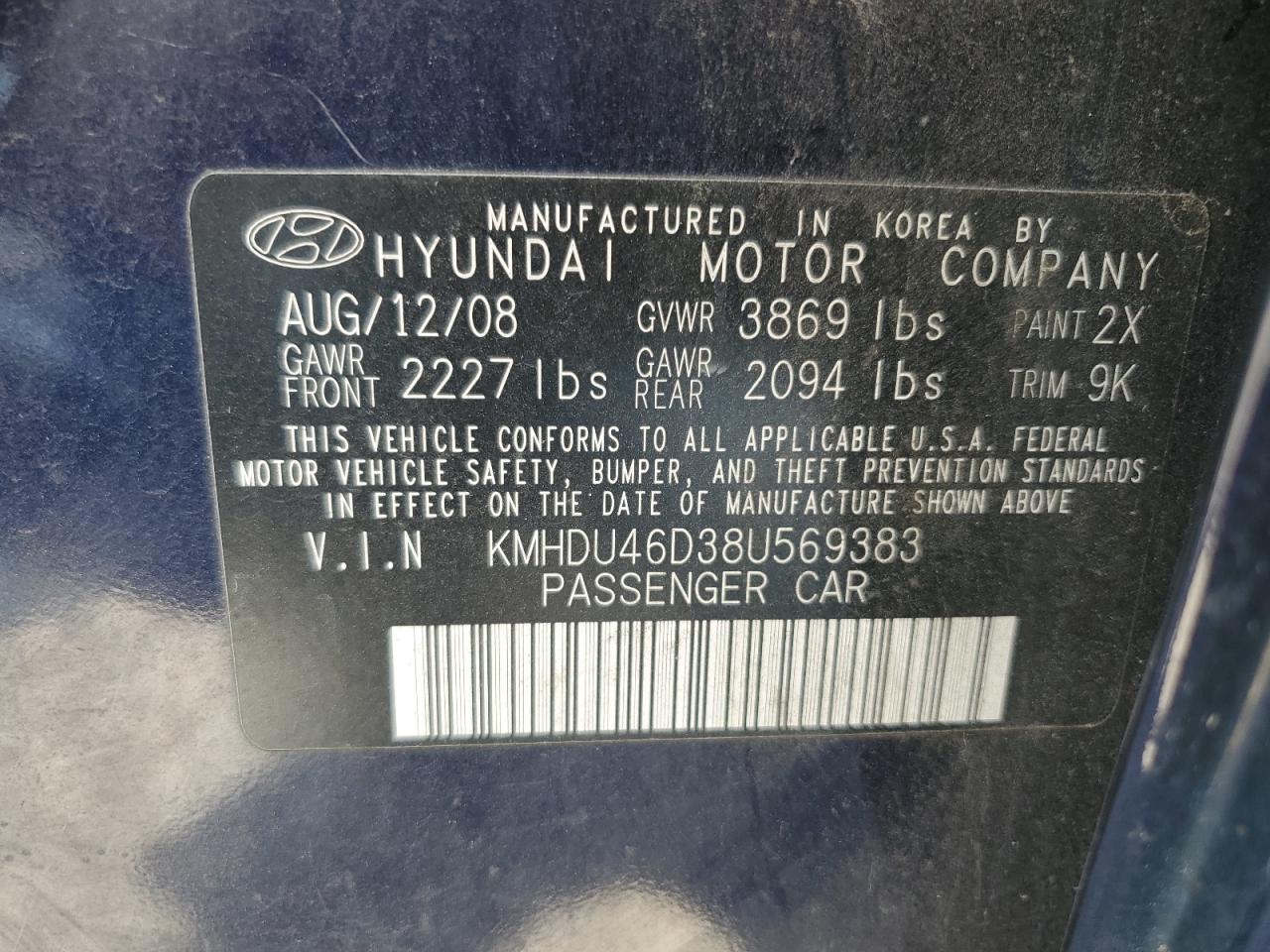 2008 Hyundai Elantra Gls VIN: KMHDU46D38U569383 Lot: 66063744