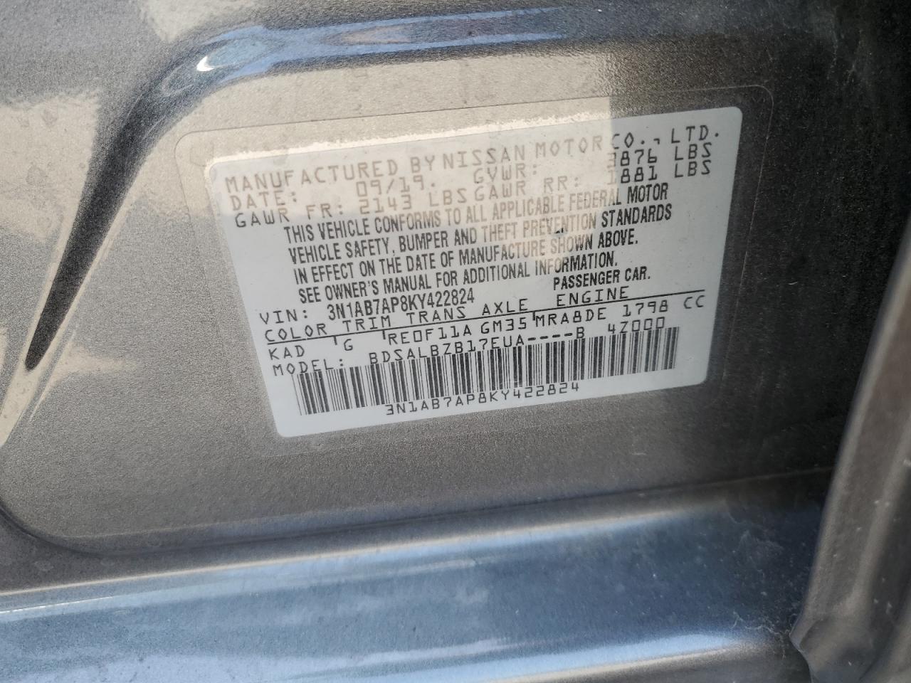 3N1AB7AP8KY422824 2019 Nissan Sentra S