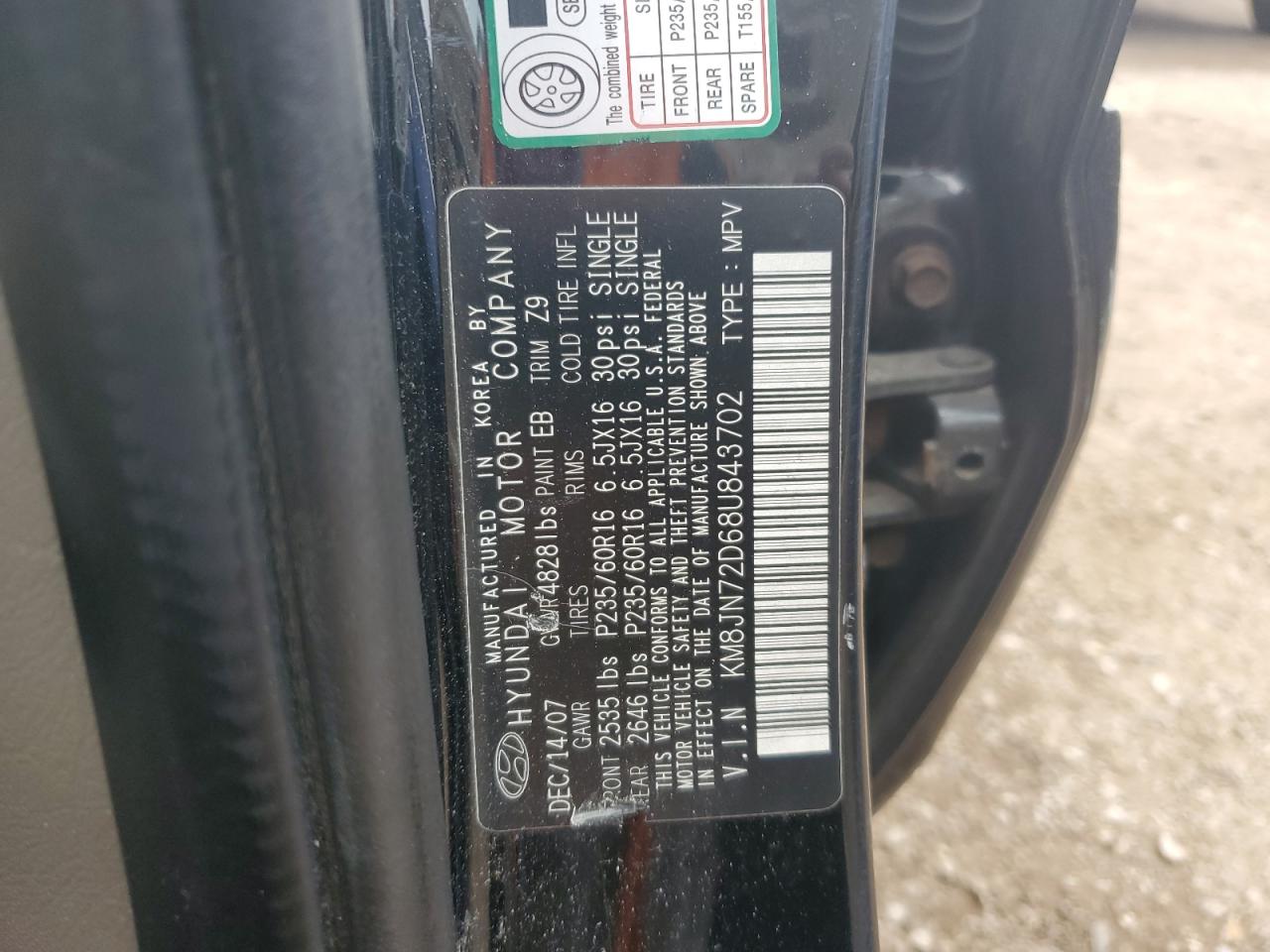 2008 Hyundai Tucson Se VIN: KM8JN72D68U843702 Lot: 66016684