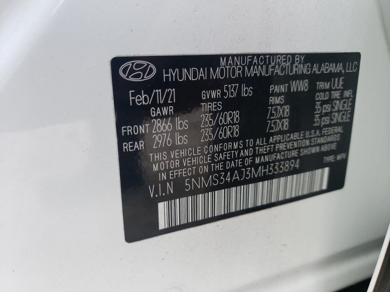 5NMS34AJ3MH333894 2021 Hyundai Santa Fe Sel