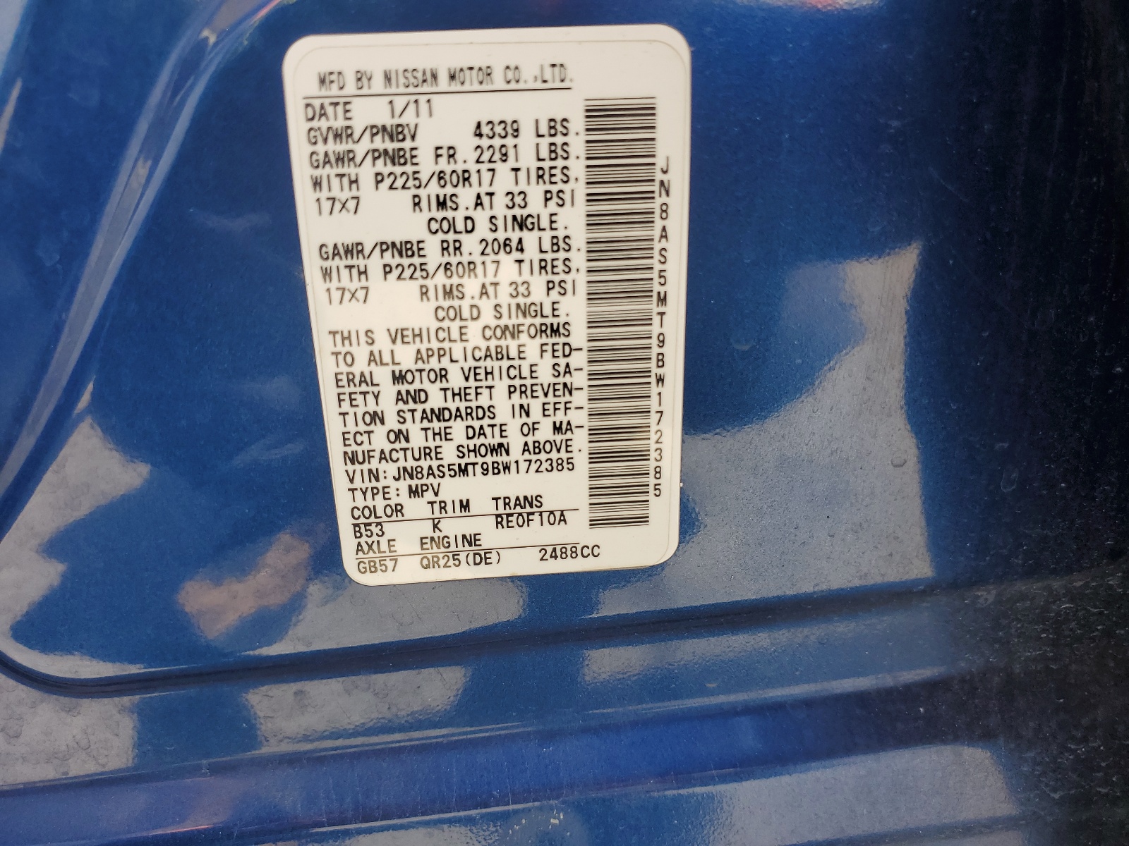 JN8AS5MT9BW172385 2011 Nissan Rogue S