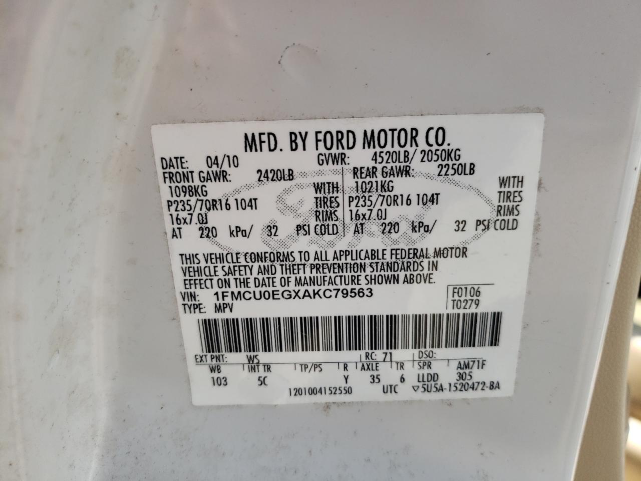 2010 Ford Escape Limited VIN: 1FMCU0EGXAKC79563 Lot: 66117084