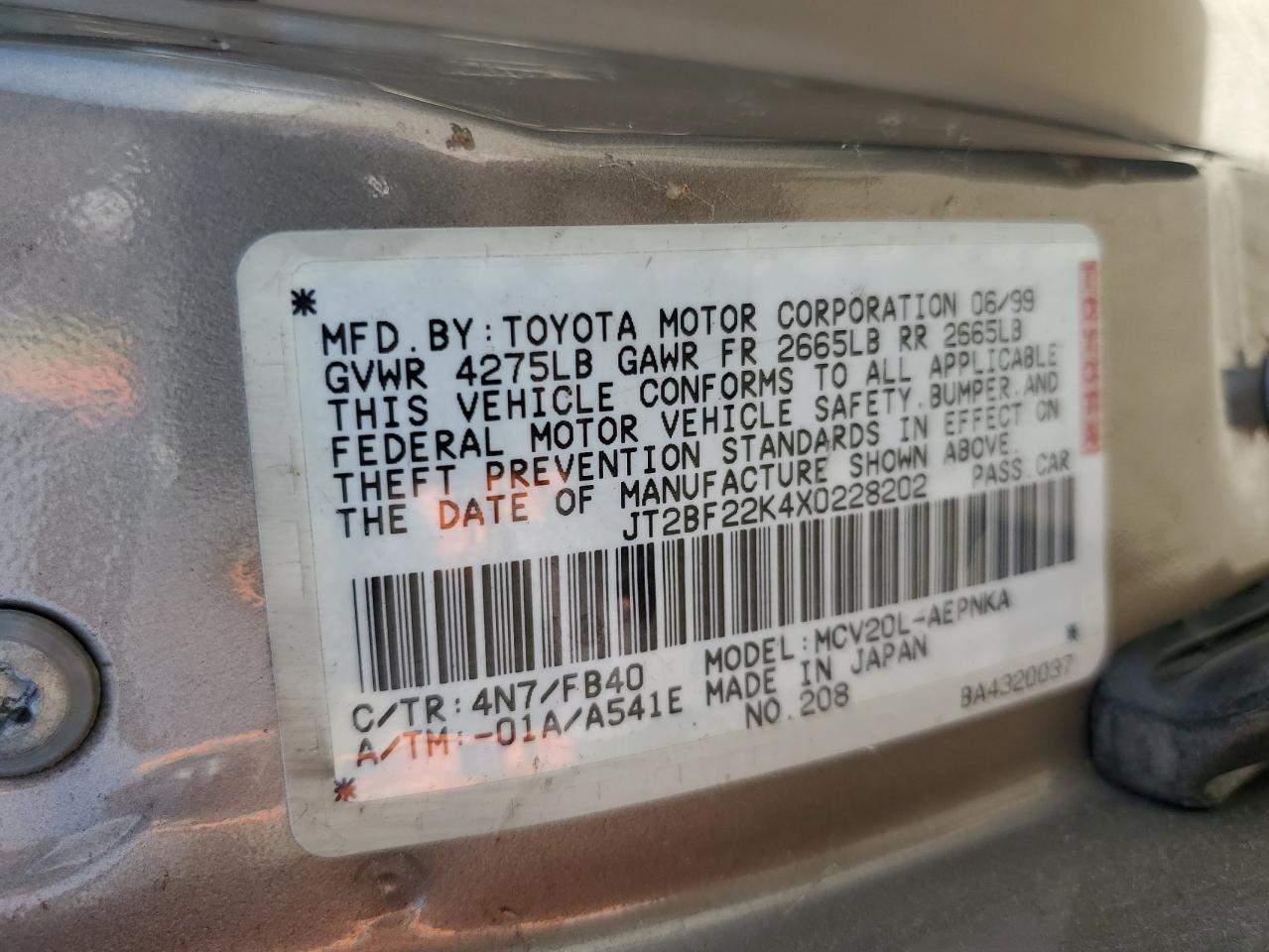 1999 Toyota Camry Le VIN: JT2BF22K4X0228202 Lot: 84963434