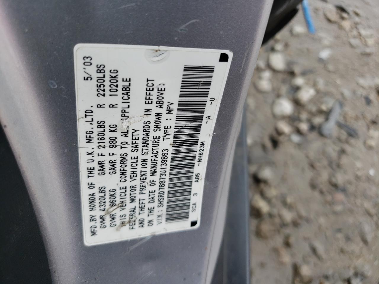 2003 Honda Cr-V Ex VIN: SHSRD78873U139863 Lot: 43815015