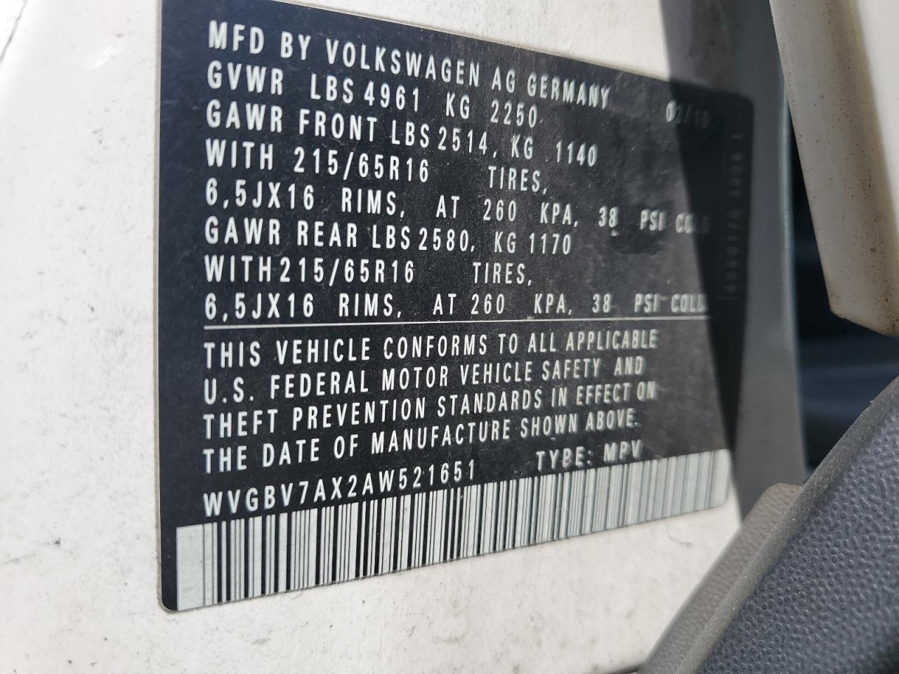 2010 Volkswagen Tiguan Se VIN: WVGBV7AX2AW521651 Lot: 67273764