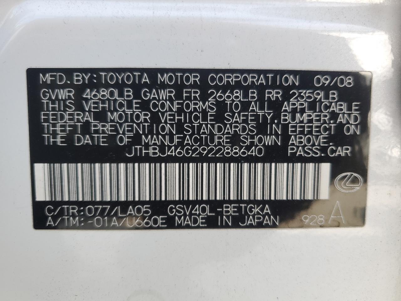 2009 Lexus Es 350 VIN: JTHBJ46G292288640 Lot: 65443014