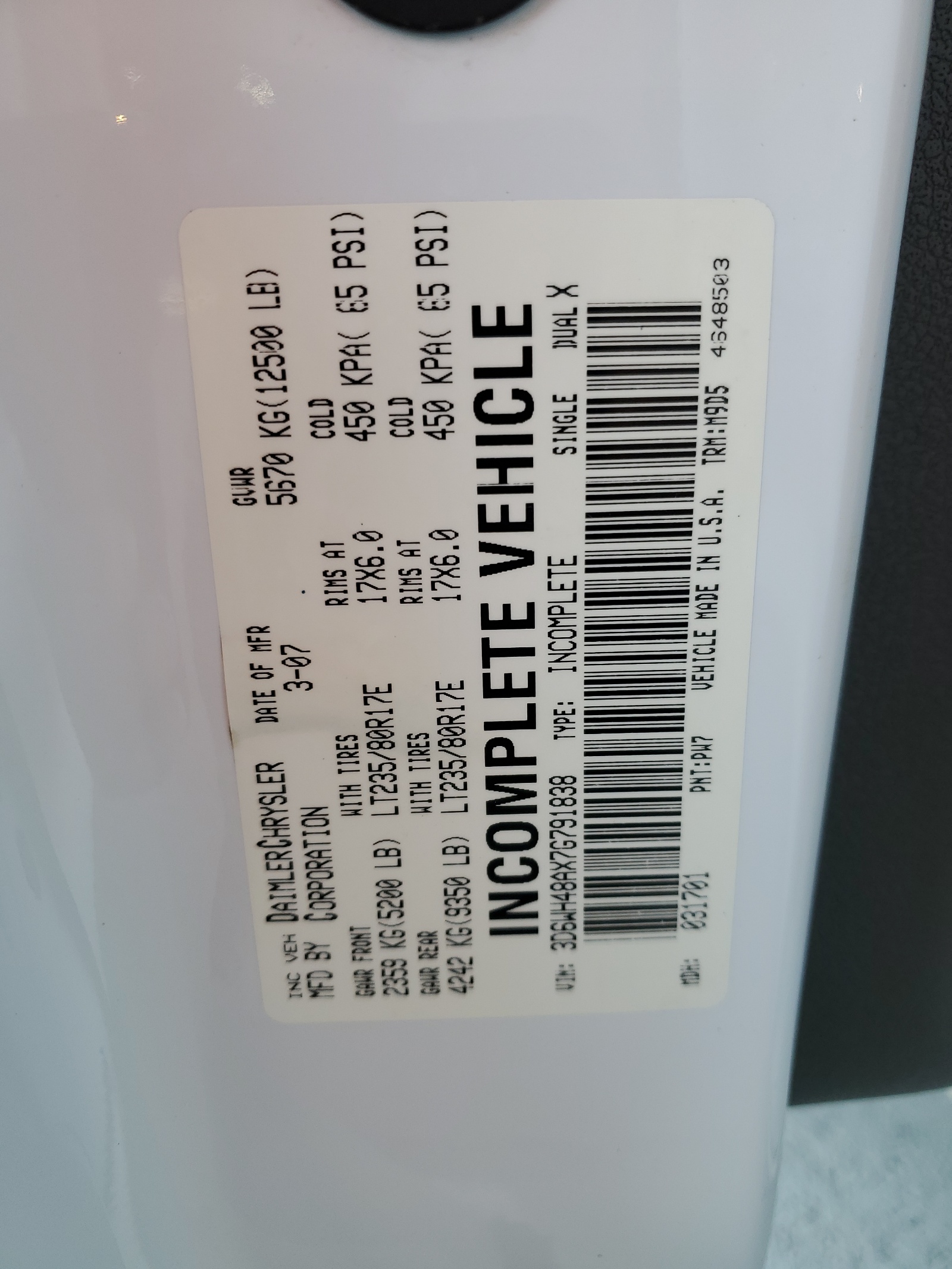 3D6WH48AX7G791838 2007 Dodge Ram 3500 St