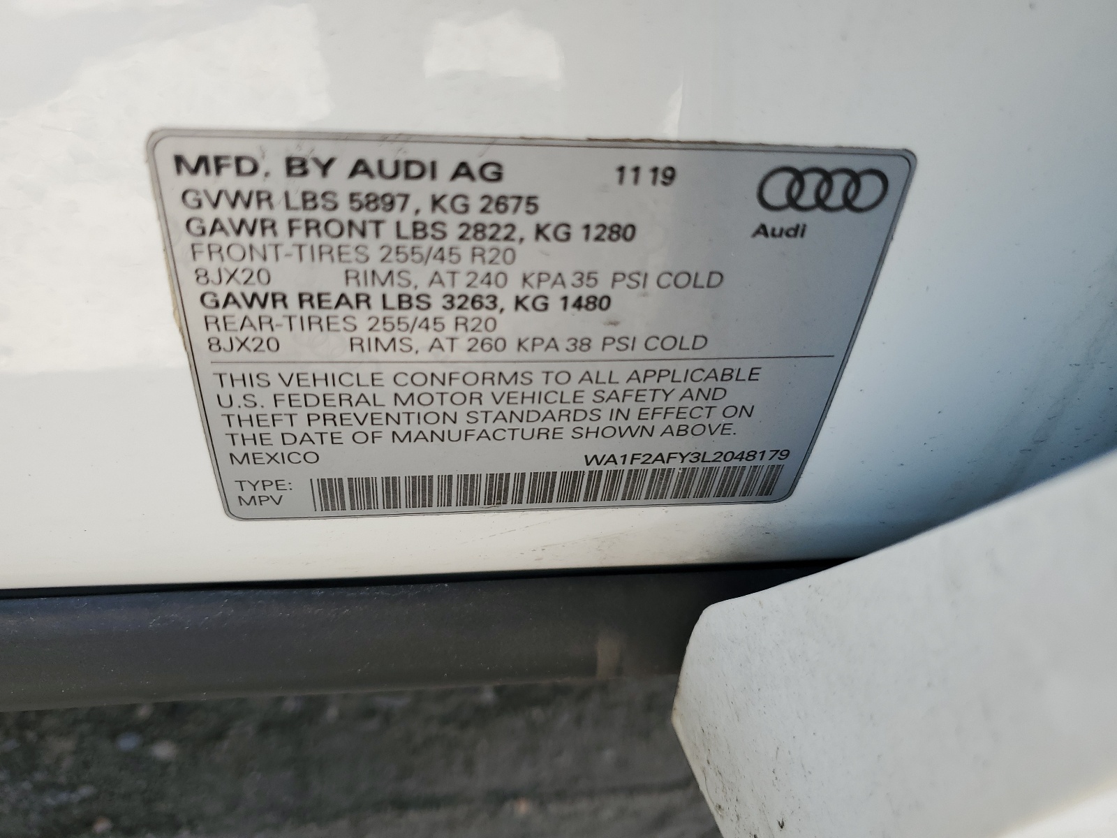 WA1F2AFY3L2048179 2020 Audi Q5 E Prestige