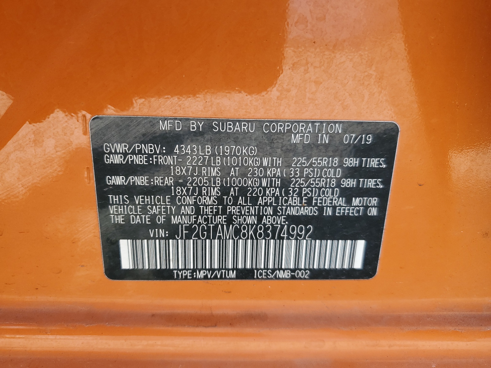 JF2GTAMC8K8374992 2019 Subaru Crosstrek Limited