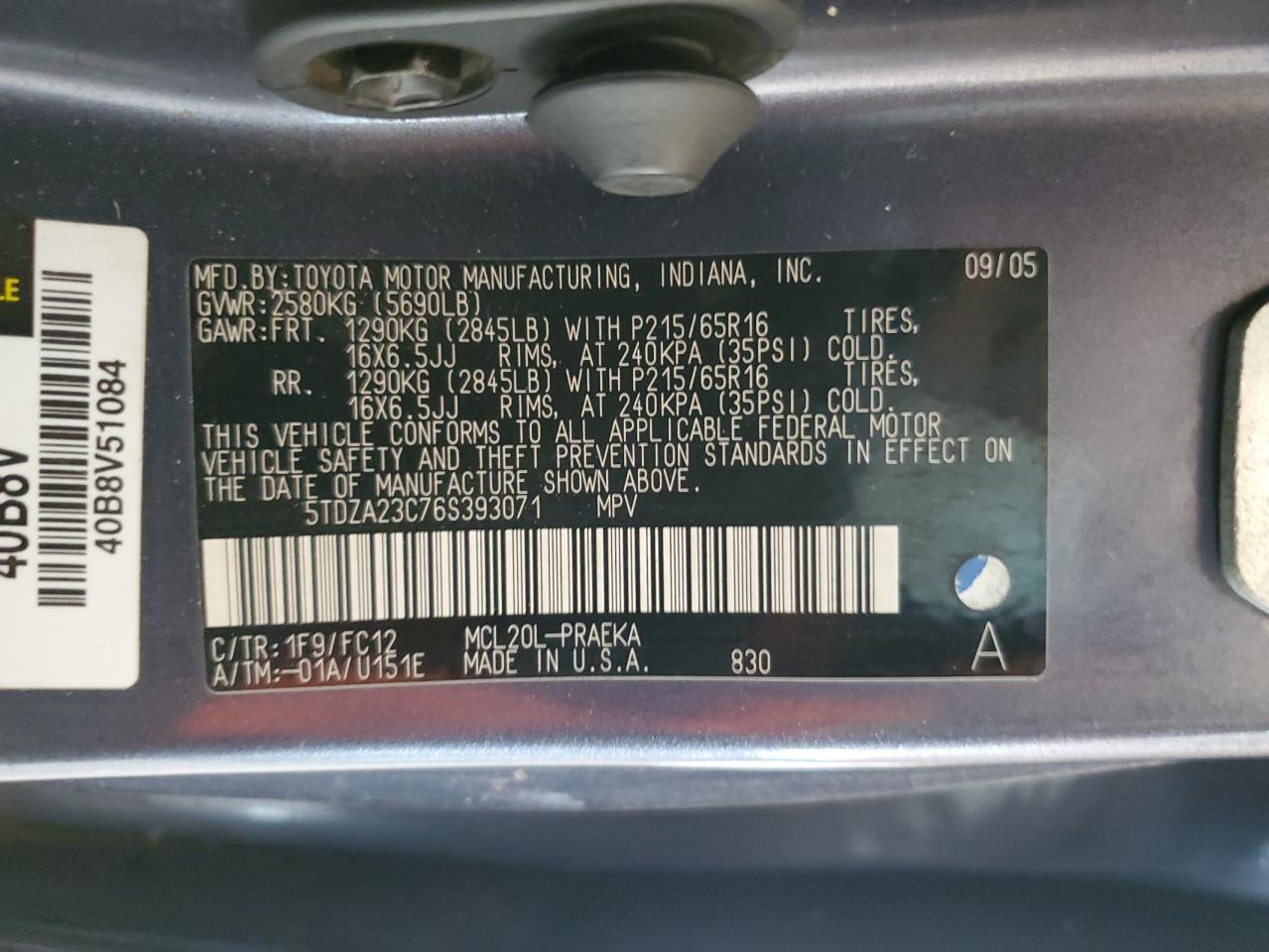 2006 Toyota Sienna Ce VIN: 5TDZA23C76S393071 Lot: 66431994