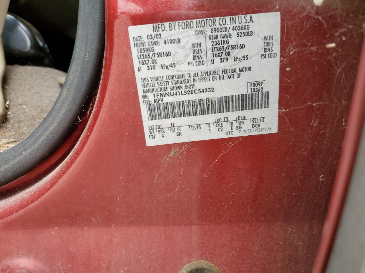 2002 Ford Excursion Xlt VIN: 1FMNU41L52EC54332 Lot: 68661334