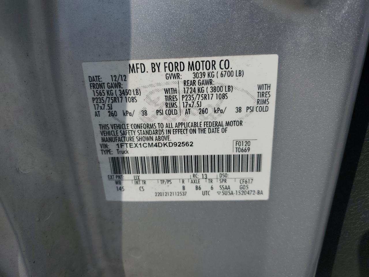 1FTEX1CM4DKD92562 2013 Ford F150 Super Cab