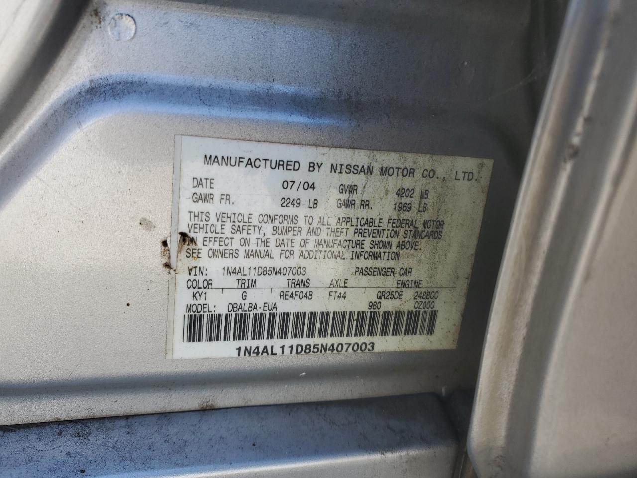 1N4AL11D85N407003 2005 Nissan Altima S