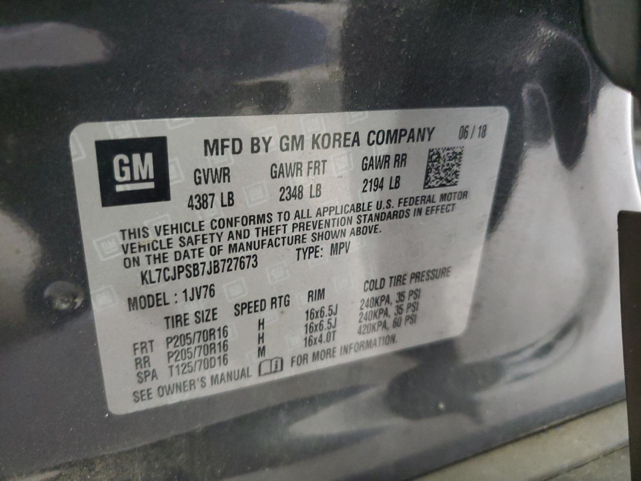 2018 Chevrolet Trax 1Lt VIN: KL7CJPSB7JB727673 Lot: 66240914