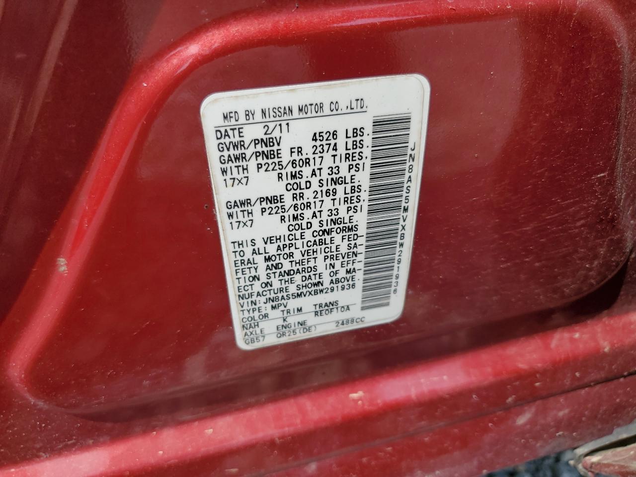 2011 Nissan Rogue S VIN: JN8AS5MVXBW291936 Lot: 66335124