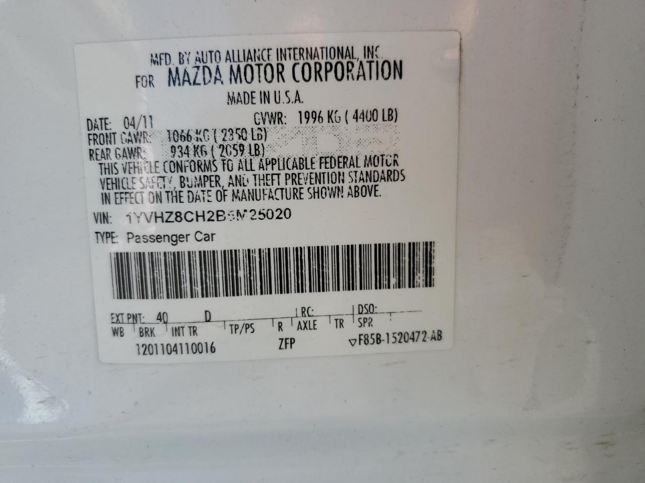 2011 Mazda 6 I VIN: 1YVHZ8CH2B5M25020 Lot: 81476054