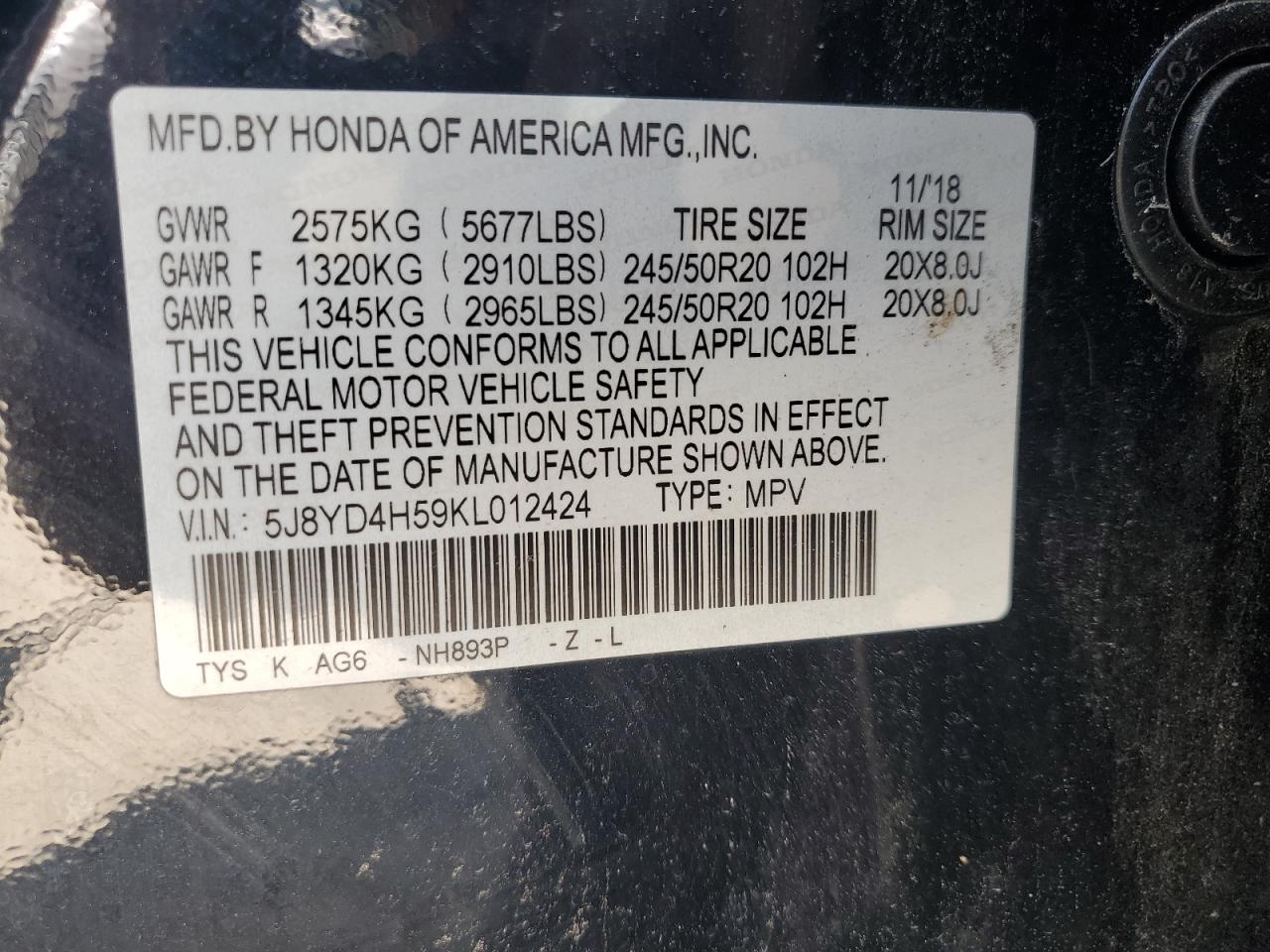 5J8YD4H59KL012424 2019 Acura Mdx Technology