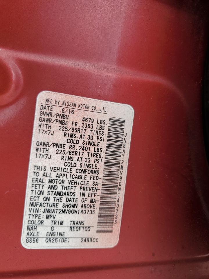 2016 Nissan Rogue S VIN: JN8AT2MV9GW140735 Lot: 65542374