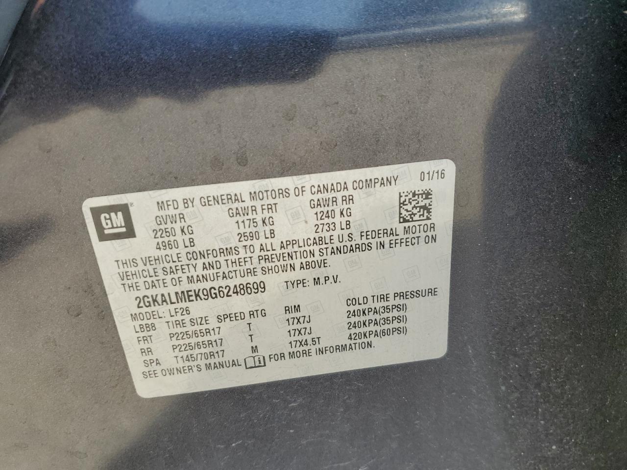 2016 GMC Terrain Sle VIN: 2GKALMEK9G6248699 Lot: 65673934