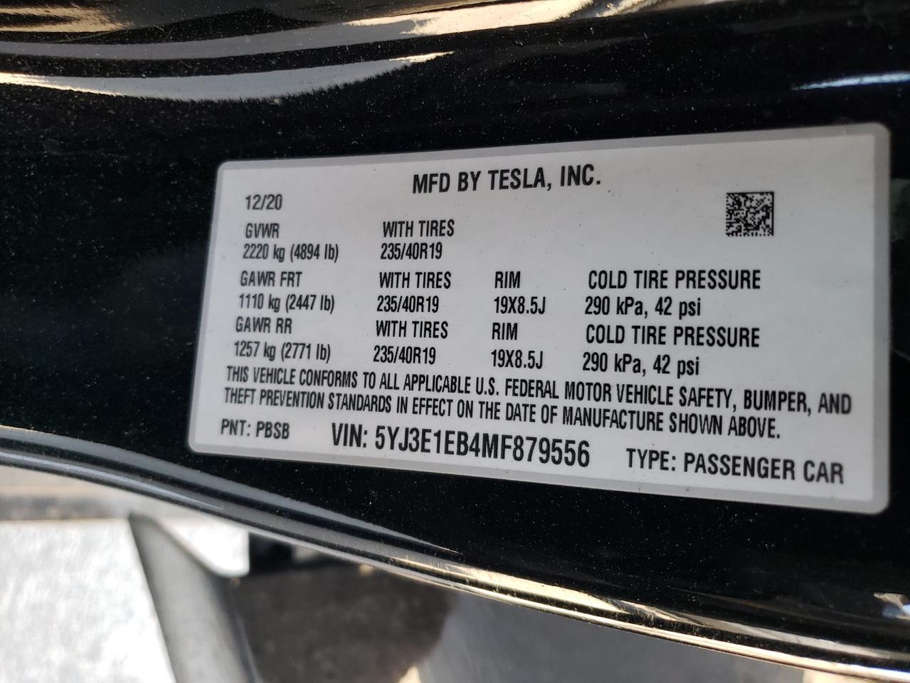 2021 Tesla Model 3 VIN: 5YJ3E1EB4MF879556 Lot: 67525374