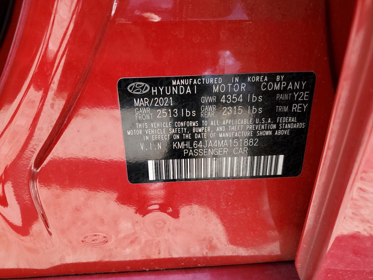 2021 Hyundai Sonata Sel VIN: KMHL64JA4MA151882 Lot: 64835404