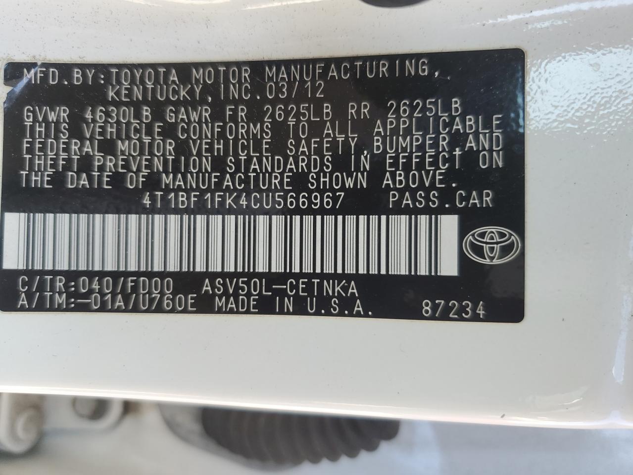 4T1BF1FK4CU566967 2012 Toyota Camry Base