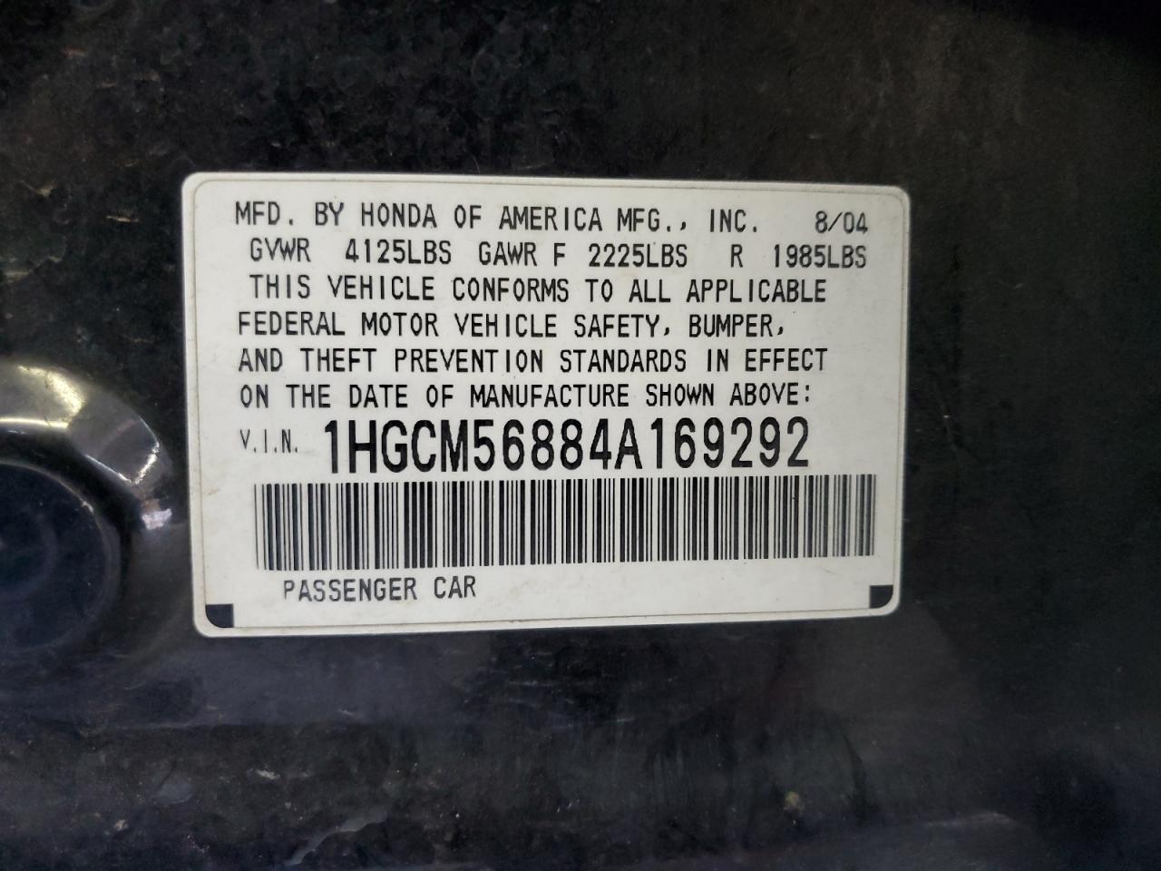 2004 Honda Accord Ex VIN: 1HGCM56884A169292 Lot: 67411774