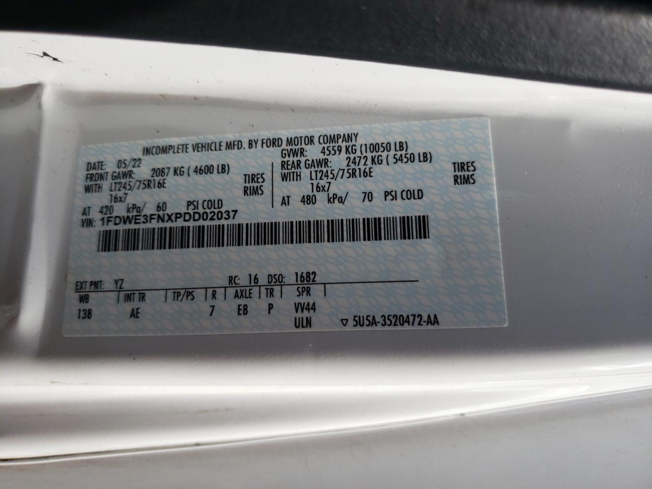 2023 Ford Econoline E350 Super Duty Cutaway Van VIN: 1FDWE3FNXPDD02037 Lot: 65546844