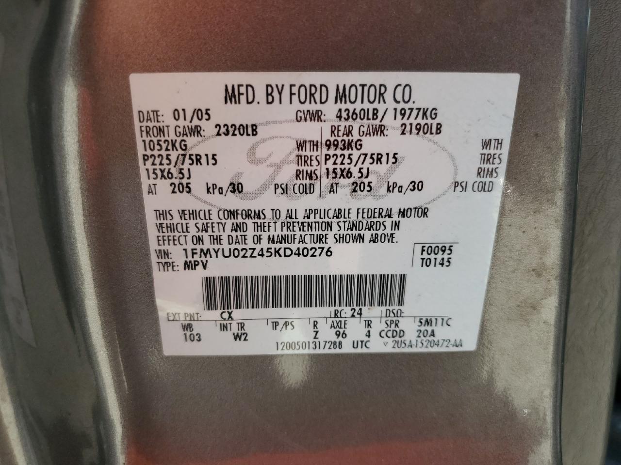 2005 Ford Escape Xls VIN: 1FMYU02Z45KD40276 Lot: 68739534