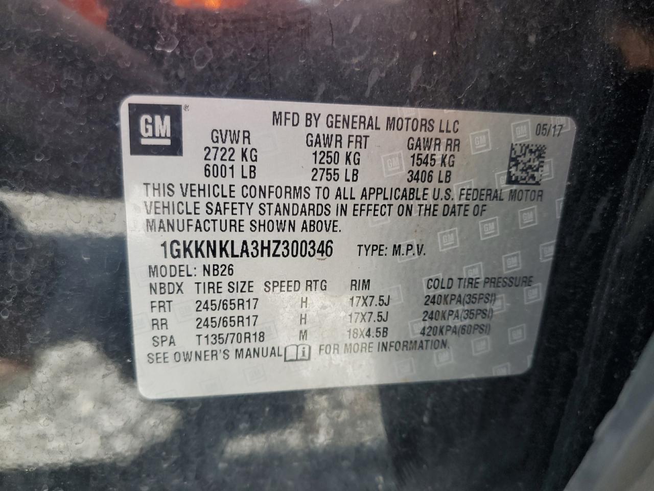 2017 GMC Acadia Sle VIN: 1GKKNKLA3HZ300346 Lot: 65326994