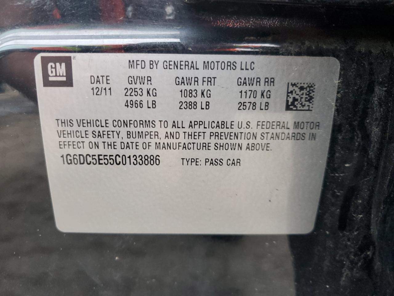 2012 Cadillac Cts VIN: 1G6DC5E55C0133886 Lot: 65116764