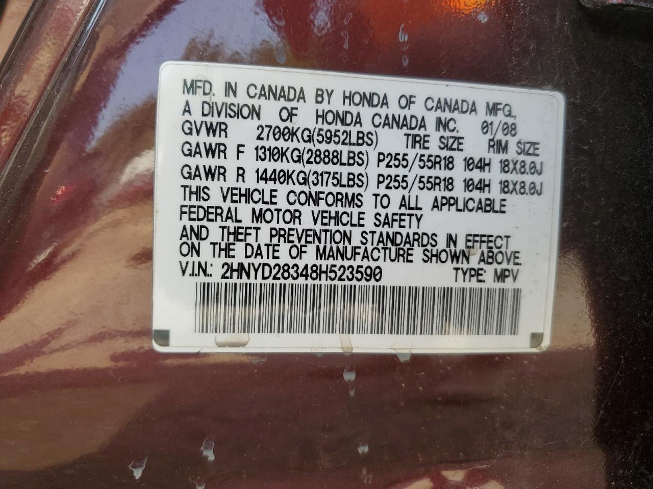 2008 Acura Mdx Technology VIN: 2HNYD28348H523590 Lot: 66725374