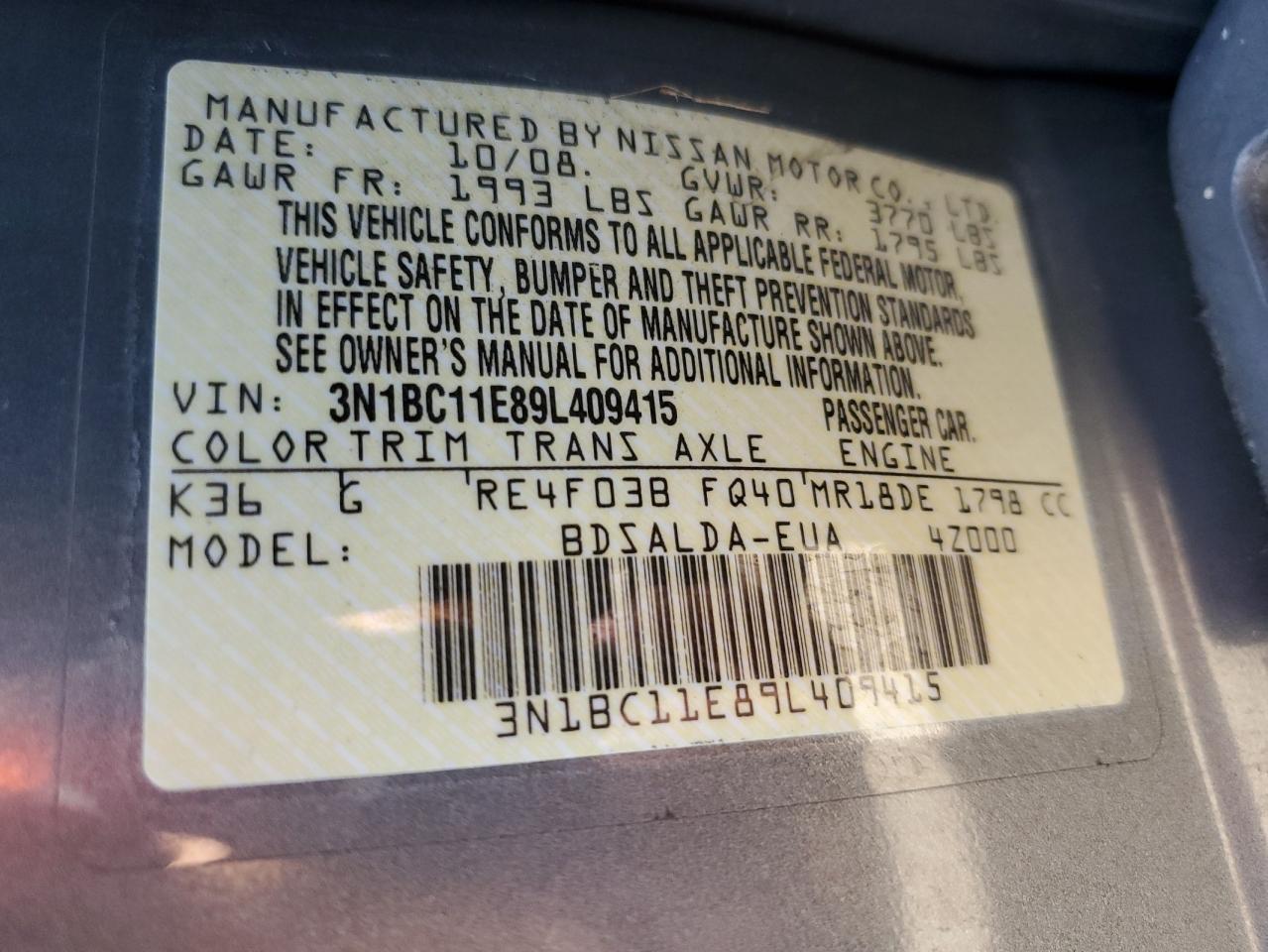 2009 Nissan Versa S VIN: 3N1BC11E89L409415 Lot: 66889124