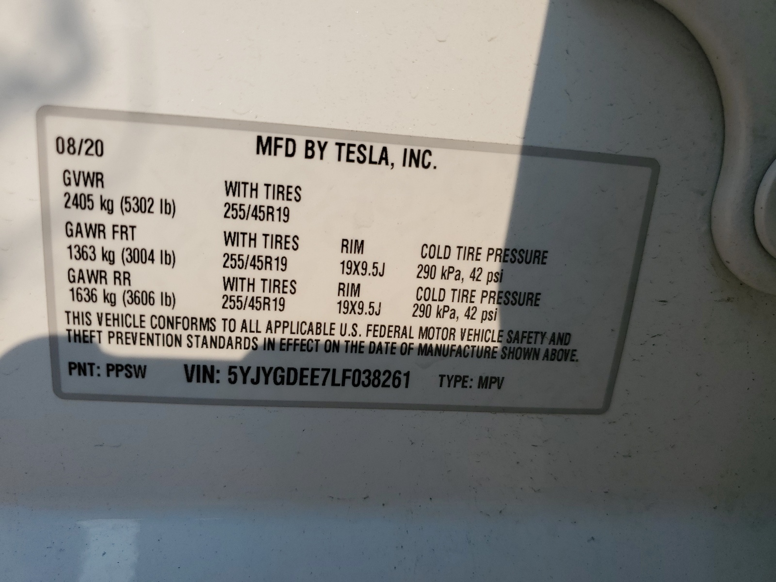 5YJYGDEE7LF038261 2020 Tesla Model Y