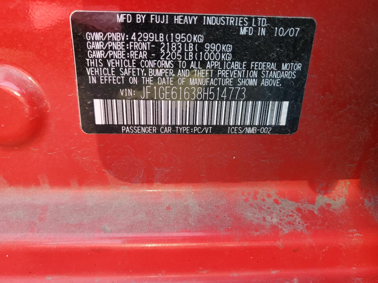 2008 Subaru Impreza 2.5I VIN: JF1GE61638H514773 Lot: 65865544