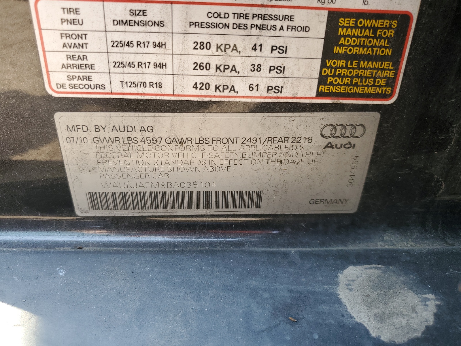 WAUKJAFM9BA035104 2011 Audi A3 Premium Plus