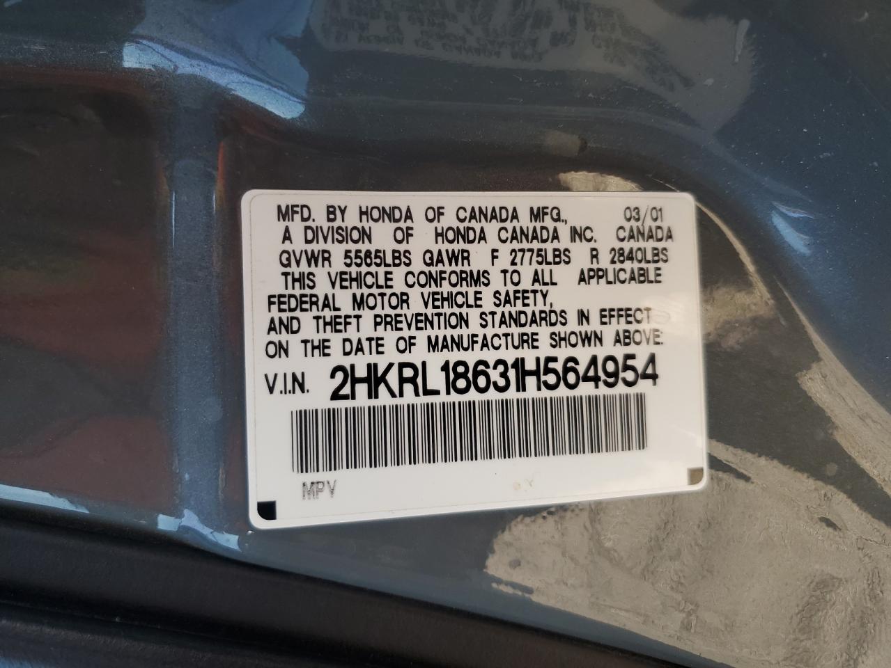 2001 Honda Odyssey Ex VIN: 2HKRL18631H564954 Lot: 65840684