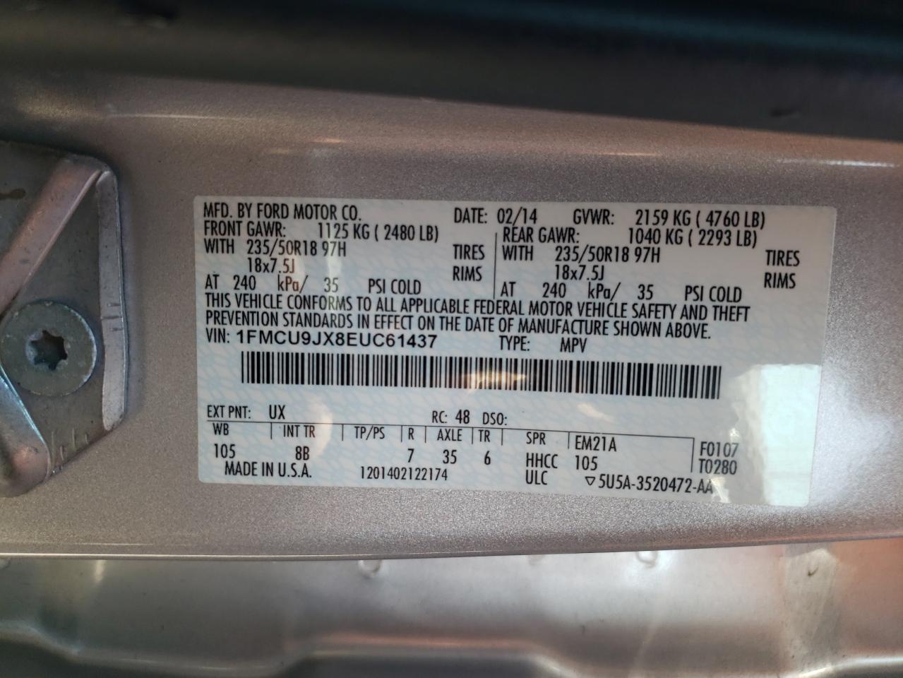 1FMCU9JX8EUC61437 2014 Ford Escape Titanium