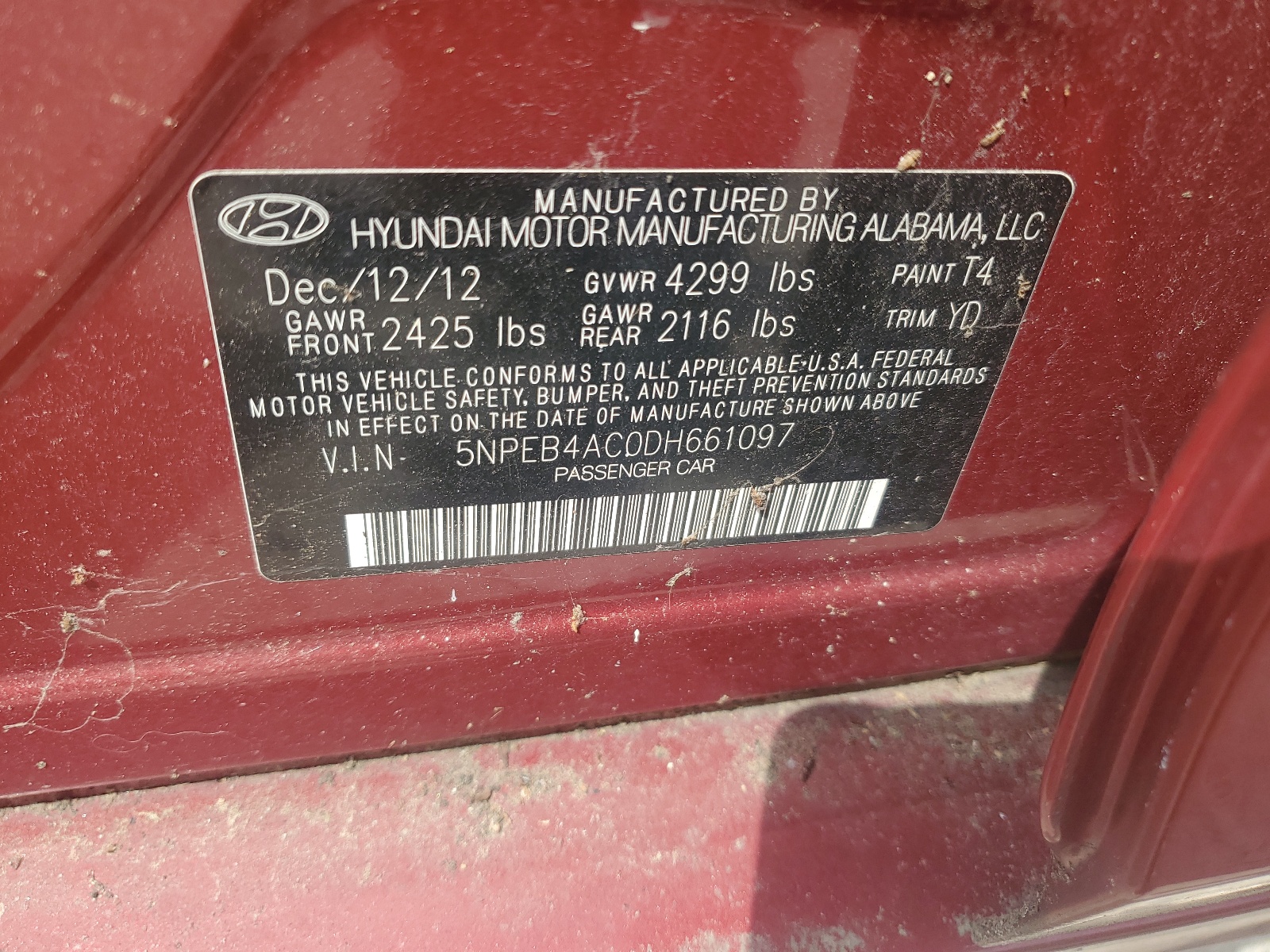 5NPEB4AC0DH661097 2013 Hyundai Sonata Gls