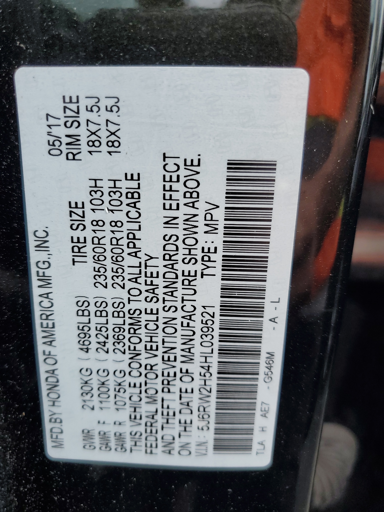 5J6RW2H54HL039521 2017 Honda Cr-V Ex