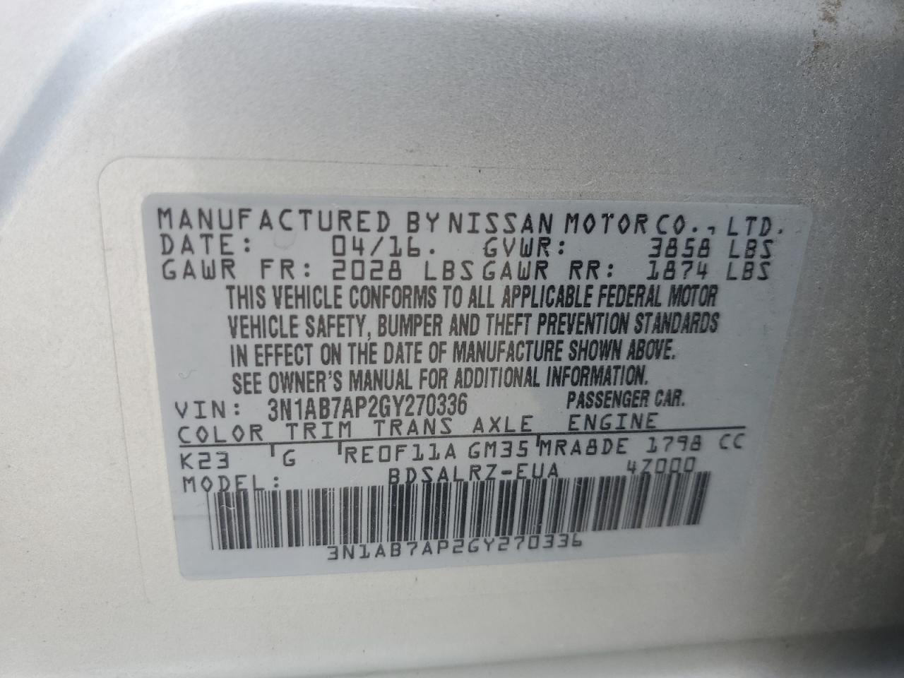 2016 Nissan Sentra S VIN: 3N1AB7AP2GY270336 Lot: 67740174