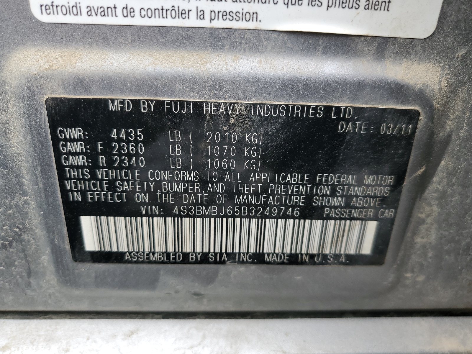 4S3BMBJ65B3249746 2011 Subaru Legacy 2.5I Limited