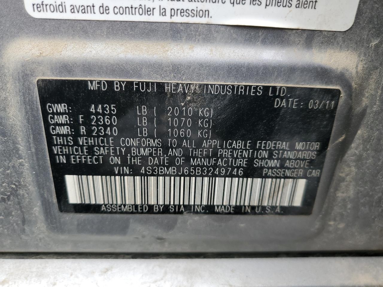 2011 Subaru Legacy 2.5I Limited VIN: 4S3BMBJ65B3249746 Lot: 66011744