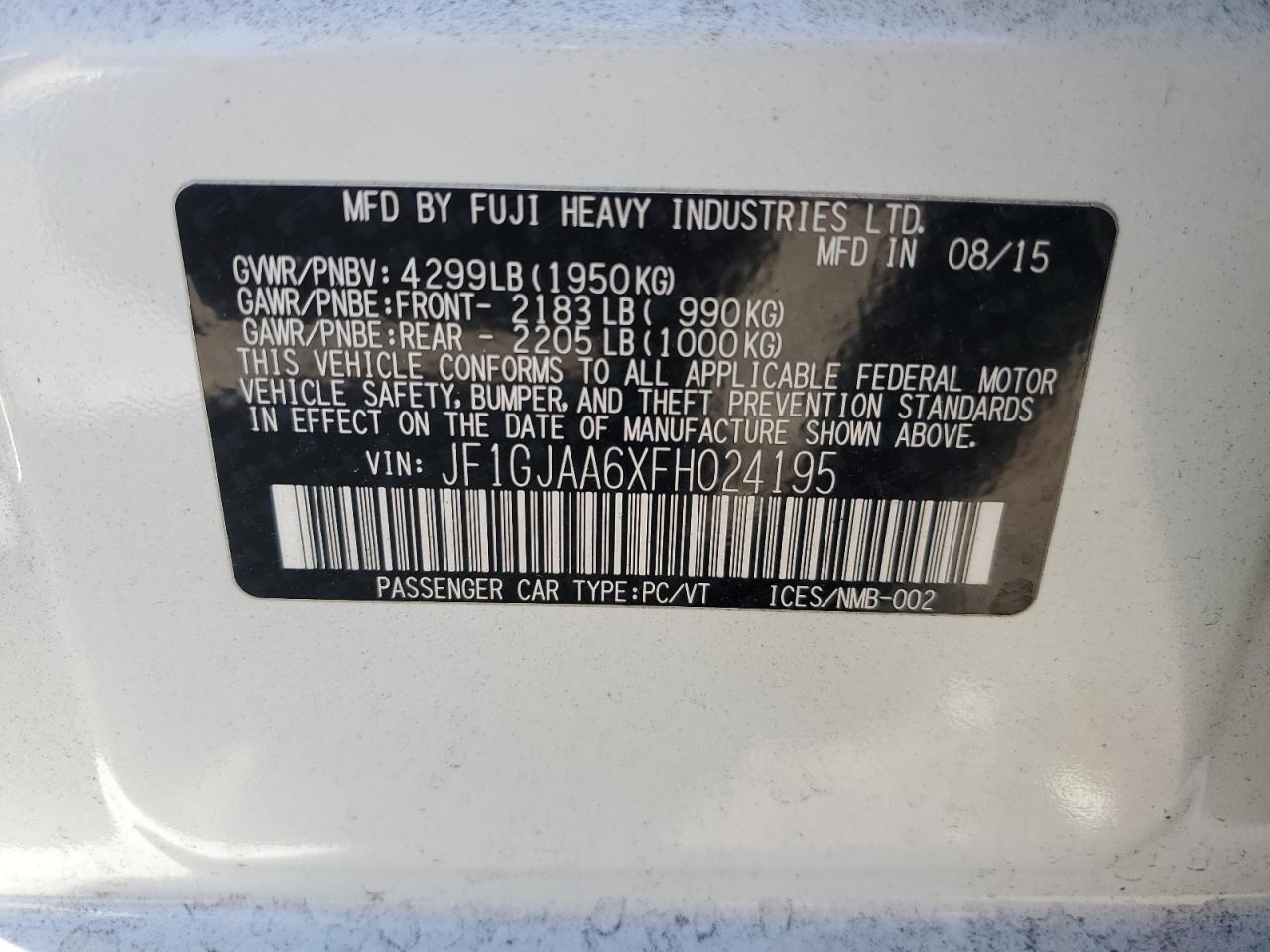 2015 Subaru Impreza VIN: JF1GJAA6XFH024195 Lot: 67893374