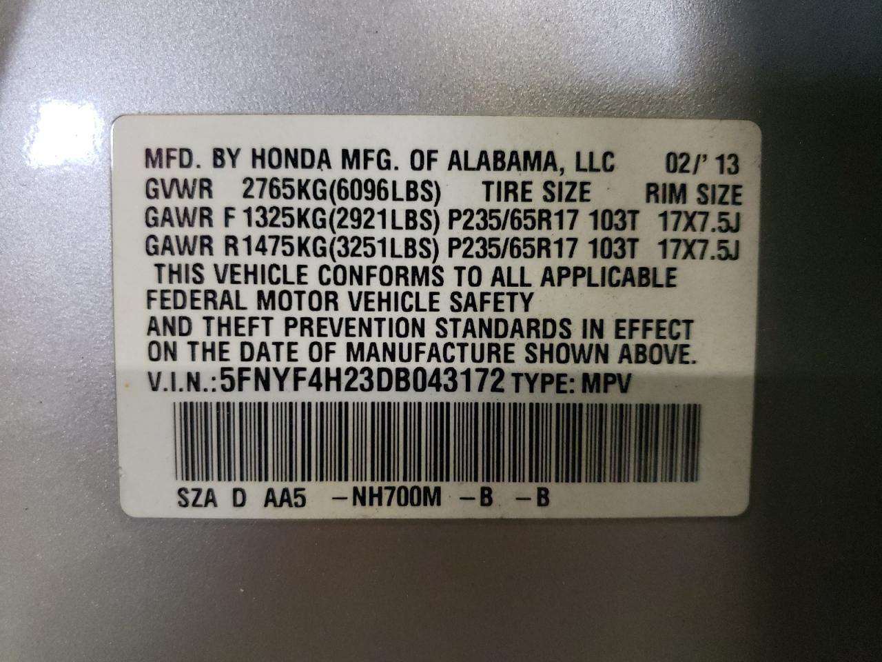 2013 Honda Pilot Lx VIN: 5FNYF4H23DB043172 Lot: 66804294