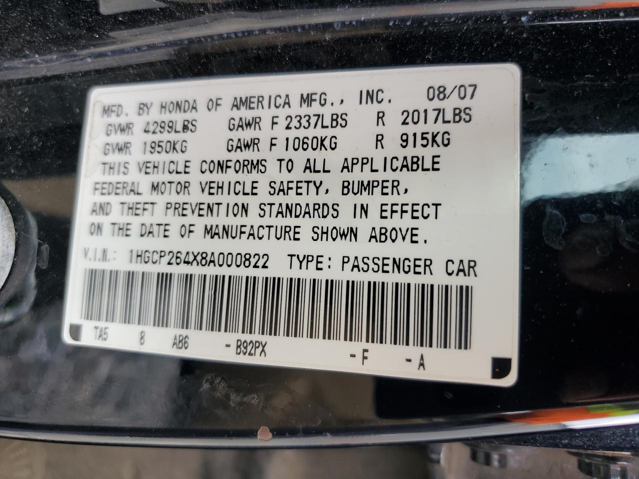 2008 Honda Accord Lxp VIN: 1HGCP264X8A000822 Lot: 65985154