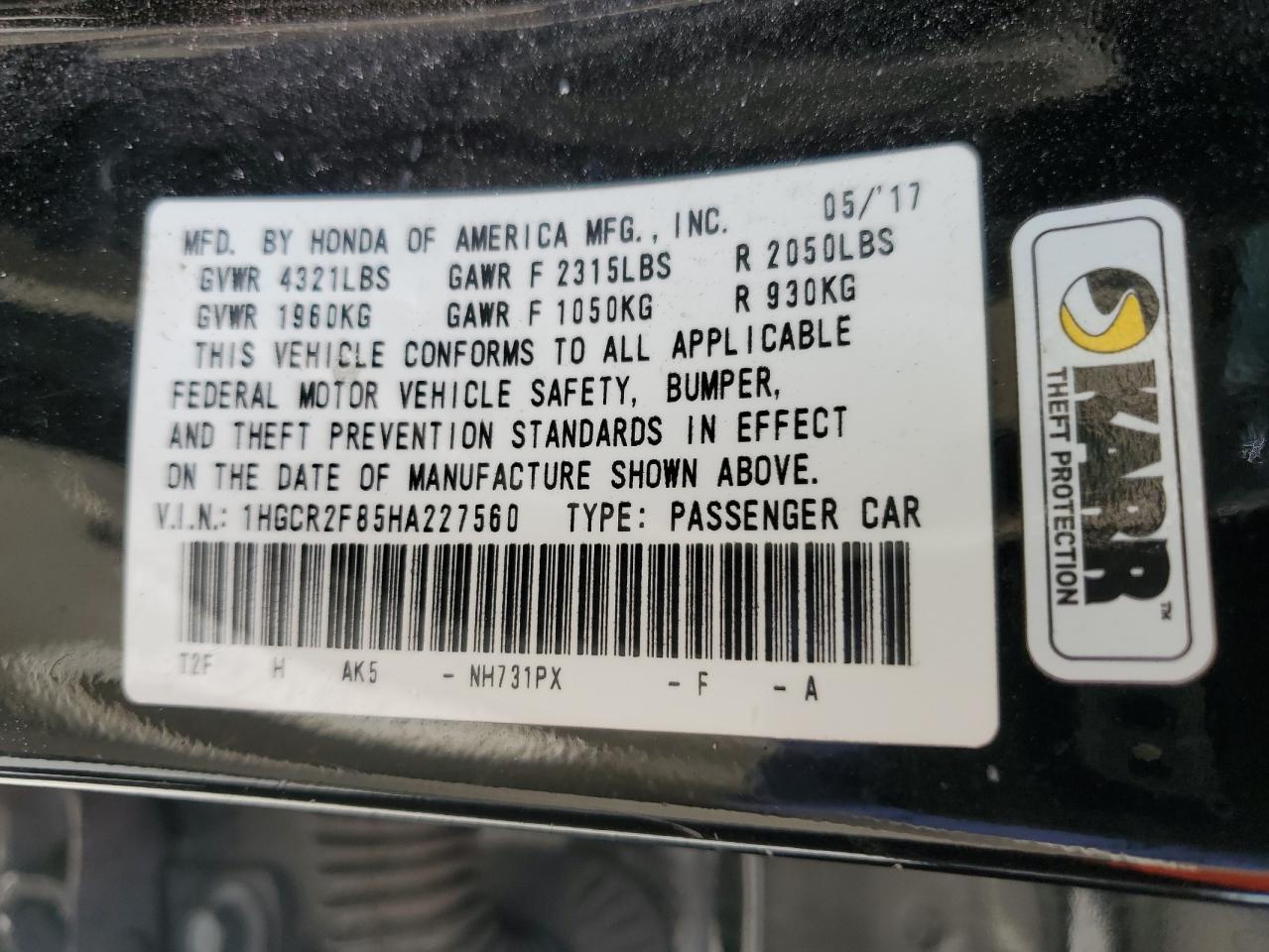 1HGCR2F85HA227560 2017 Honda Accord Exl