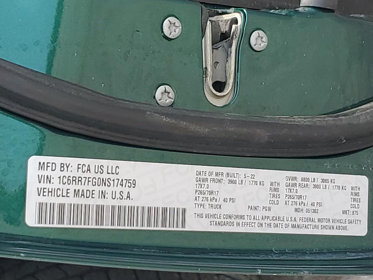 2022 Ram 1500 Classic Tradesman VIN: 1C6RR7FG0NS174759 Lot: 66076014