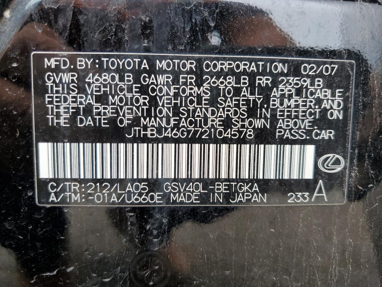 2007 Lexus Es 350 VIN: JTHBJ46G772104578 Lot: 65758004