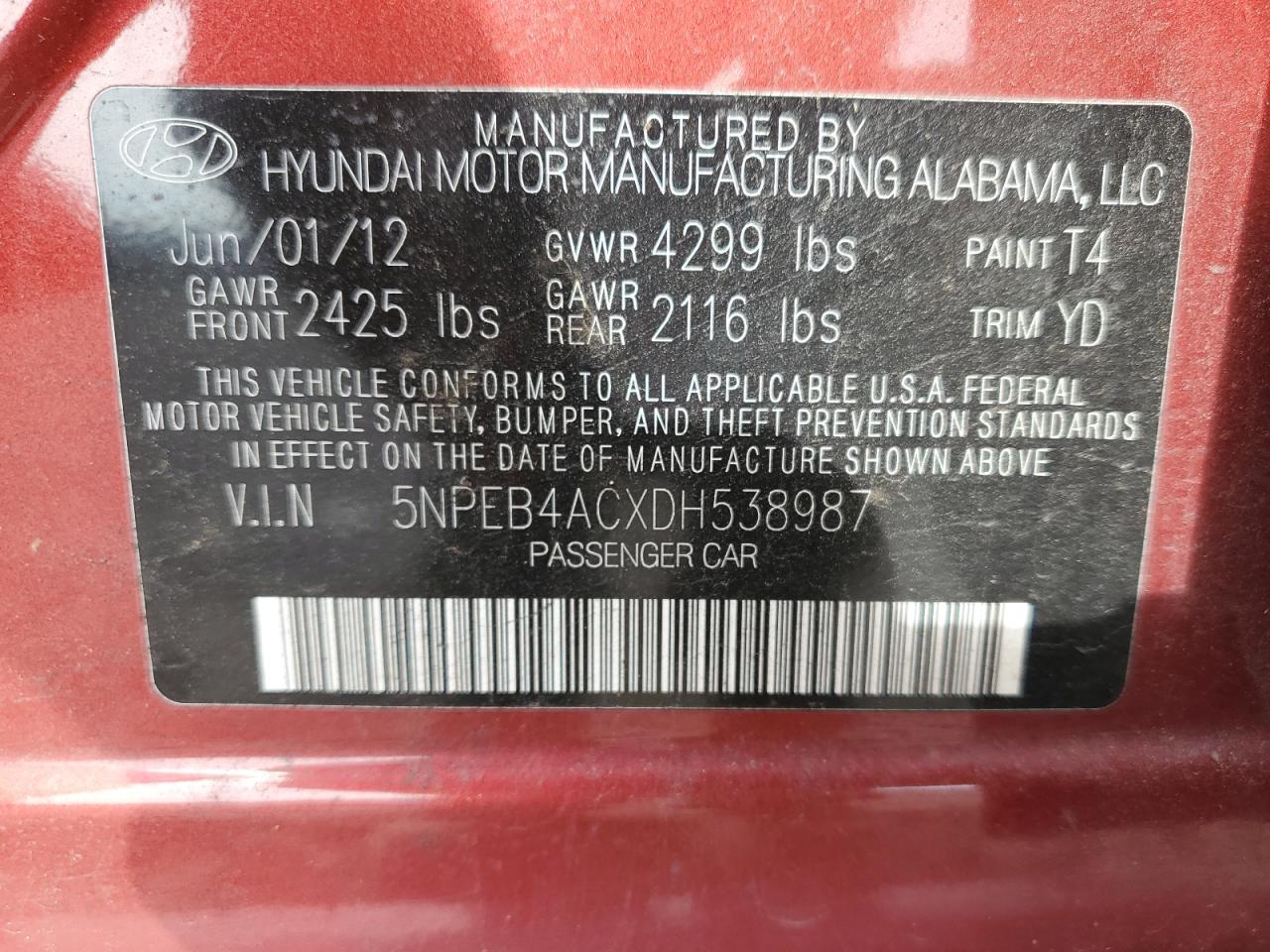 2013 Hyundai Sonata Gls VIN: 5NPEB4ACXDH538987 Lot: 66581774